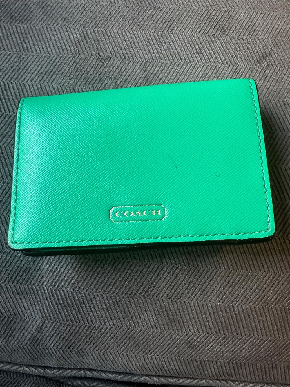 Coach Green Saffiano Leather Card Case with Gold Logo